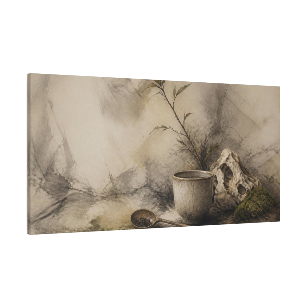 Side Mockup 2. Wabi Sabi Tea Cup shown as canvas print
