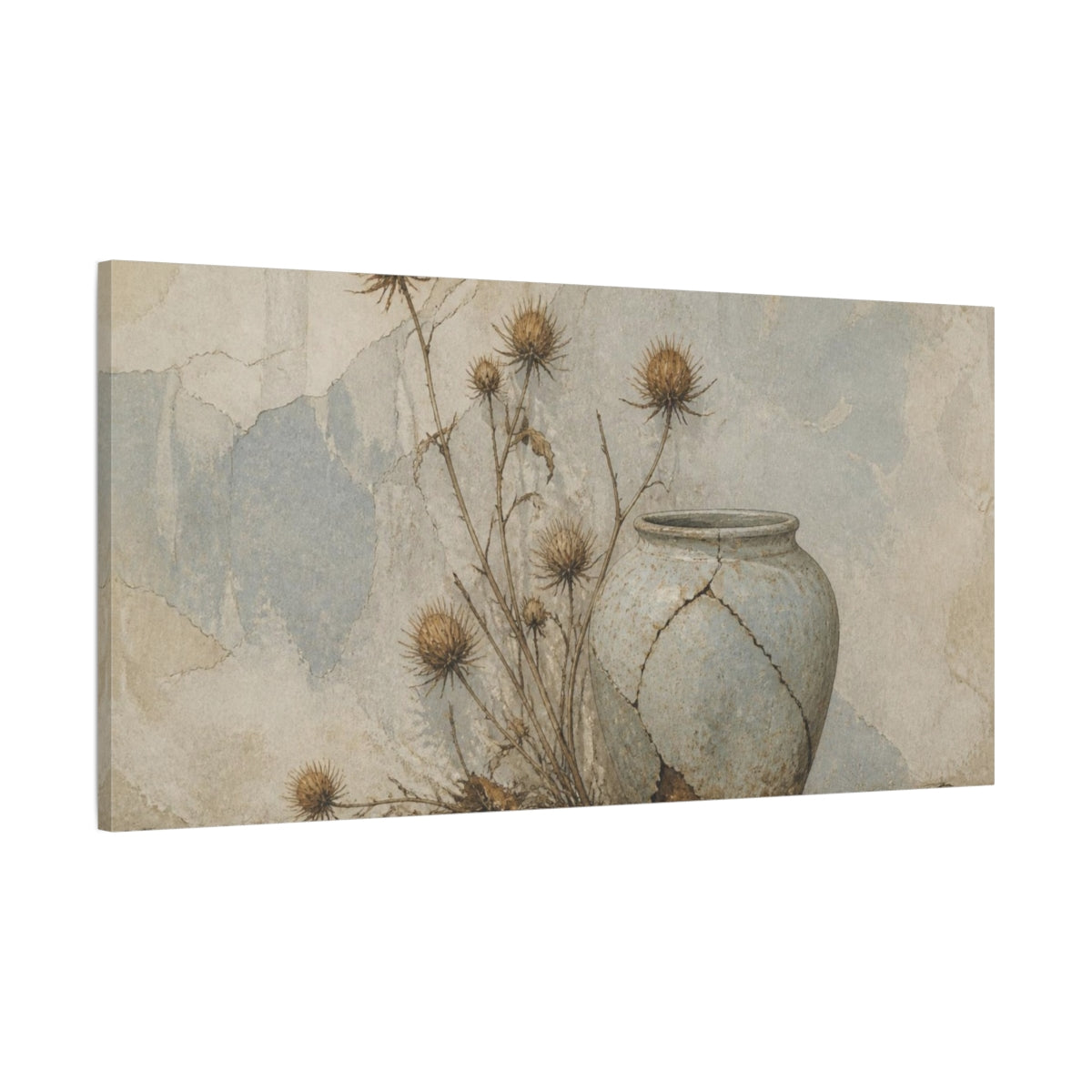 Main Mockup. Wabi Sabi Thistle Still Life shown as canvas print