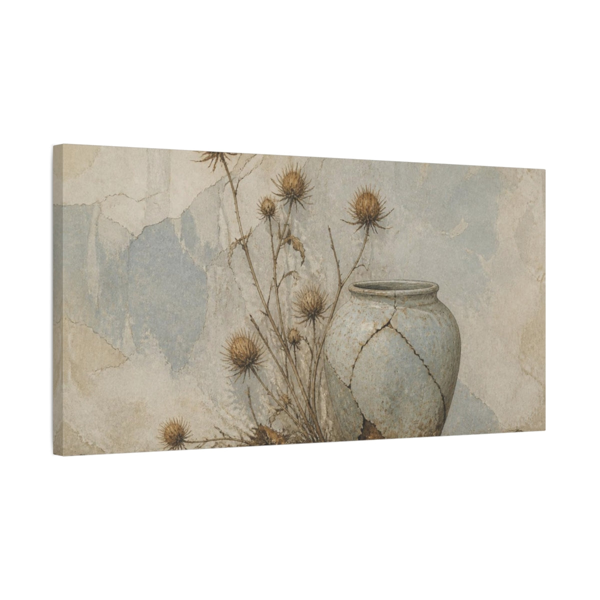 Side Mockup 1. Wabi Sabi Thistle Still Life shown as canvas print