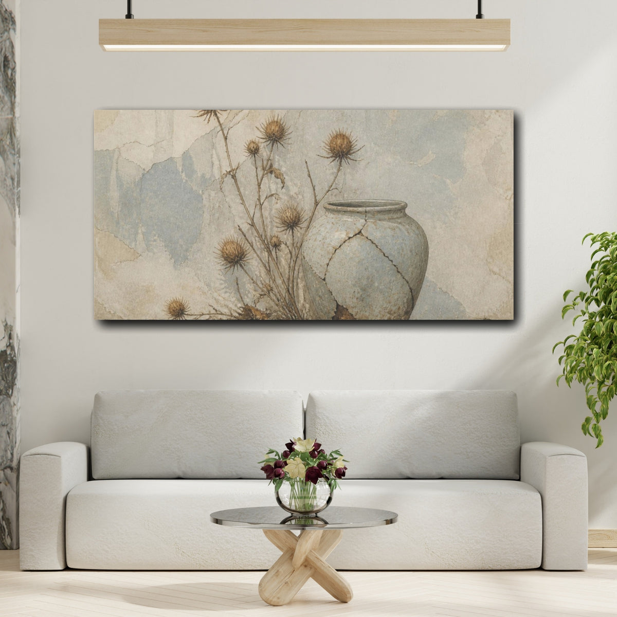 Mockup 2. Wabi Sabi Thistle Still Life shown as canvas print