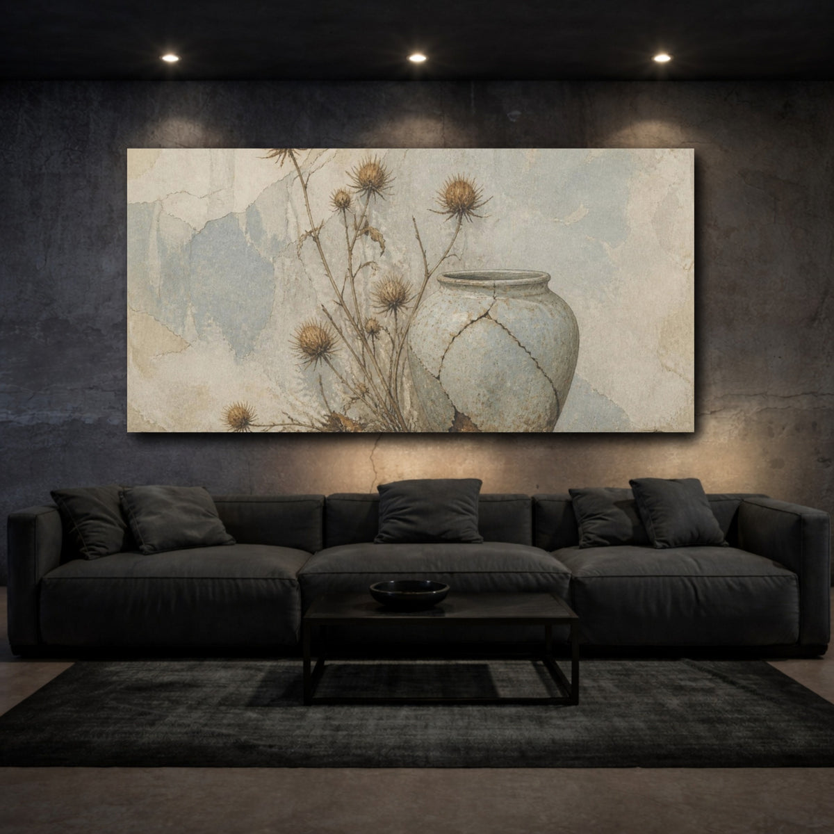 Mockup 3. Wabi Sabi Thistle Still Life shown as canvas print