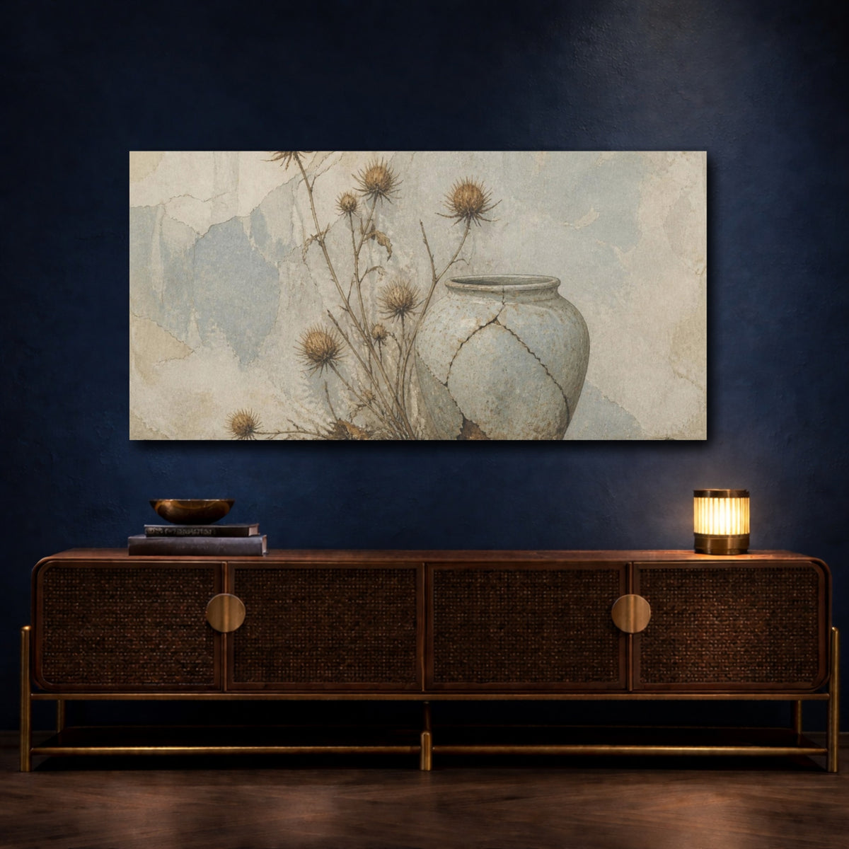 Mockup 4. Wabi Sabi Thistle Still Life shown as canvas print