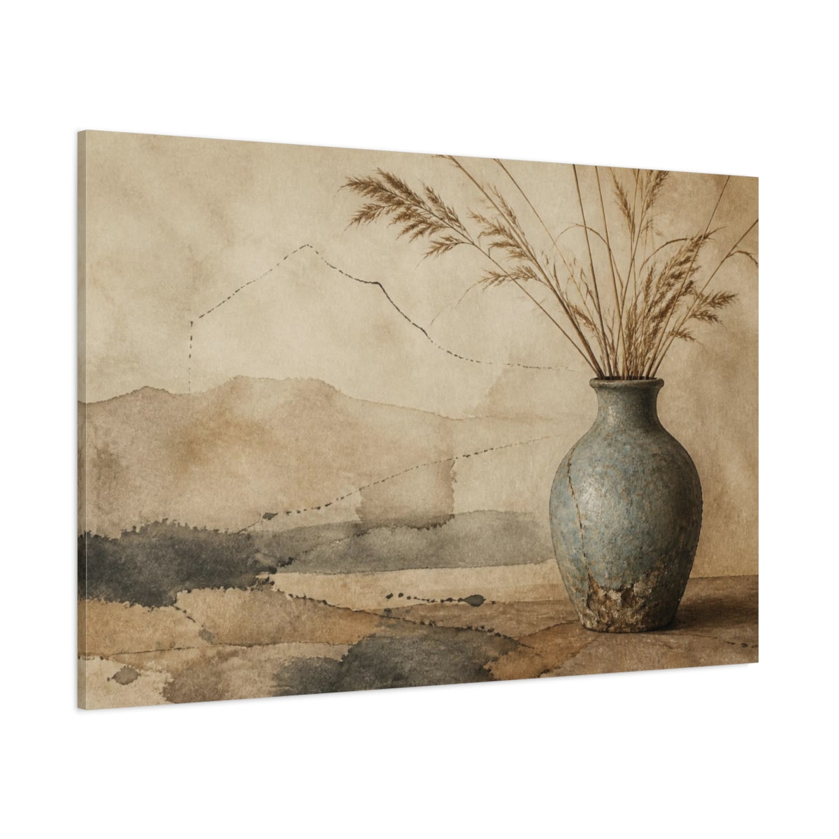 Side Mockup 1. Wabi Sabi Weathered Vase shown as canvas print