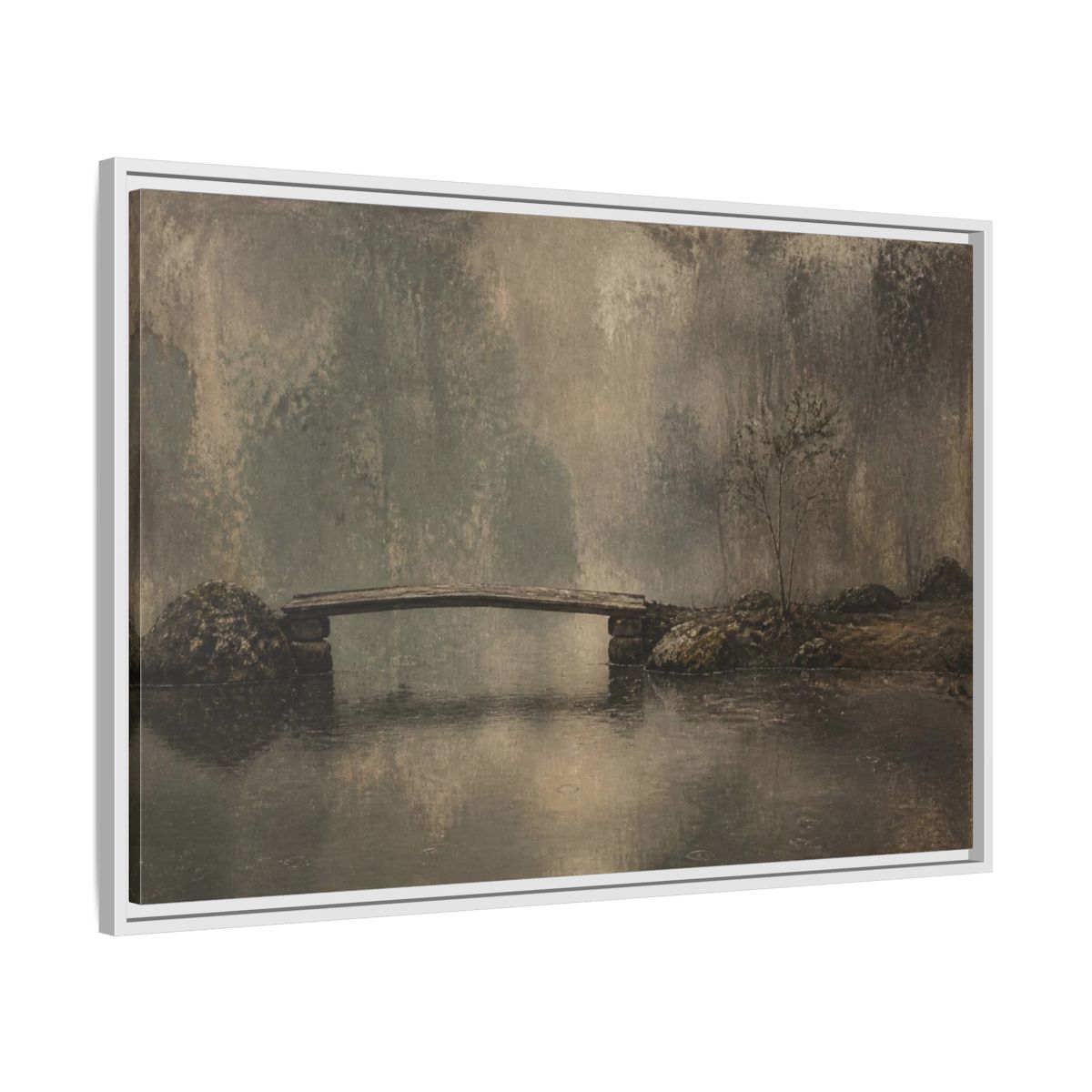 Side Mockup 9. Wabi Sabi Wooden Bridge shown as framed canvas print