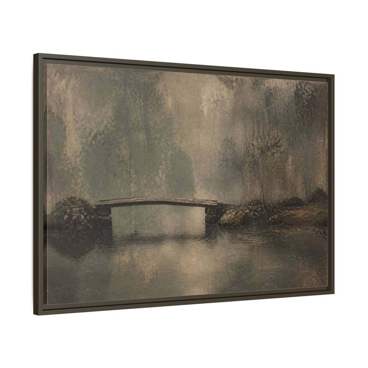 Main Mockup. Wabi Sabi Wooden Bridge shown as framed canvas print