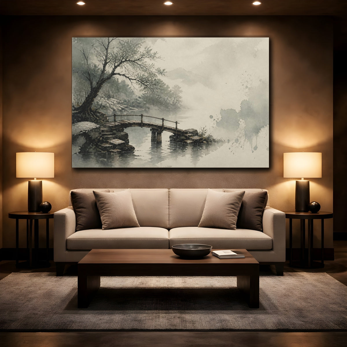 Mockup 2. Wabi Sabi Wooden Bridge shown as canvas print