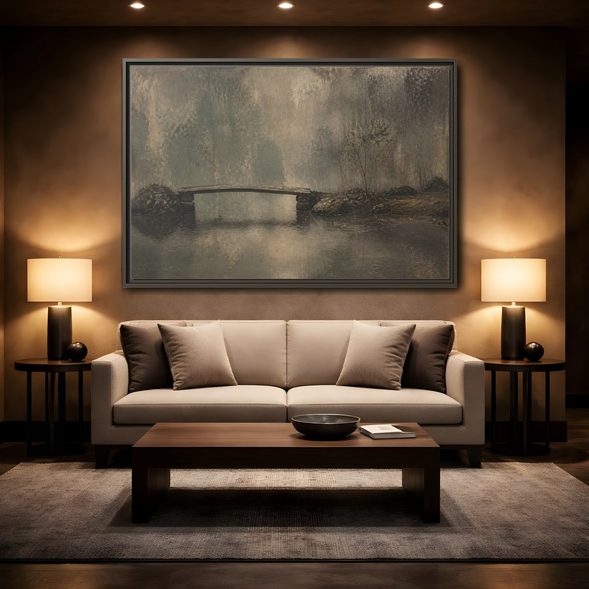 Mockup 2. Wabi Sabi Wooden Bridge shown as framed canvas print
