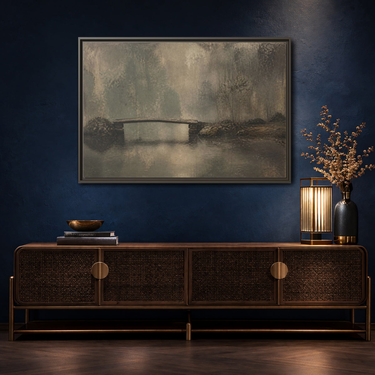 Mockup 4. Wabi Sabi Wooden Bridge shown as framed canvas print