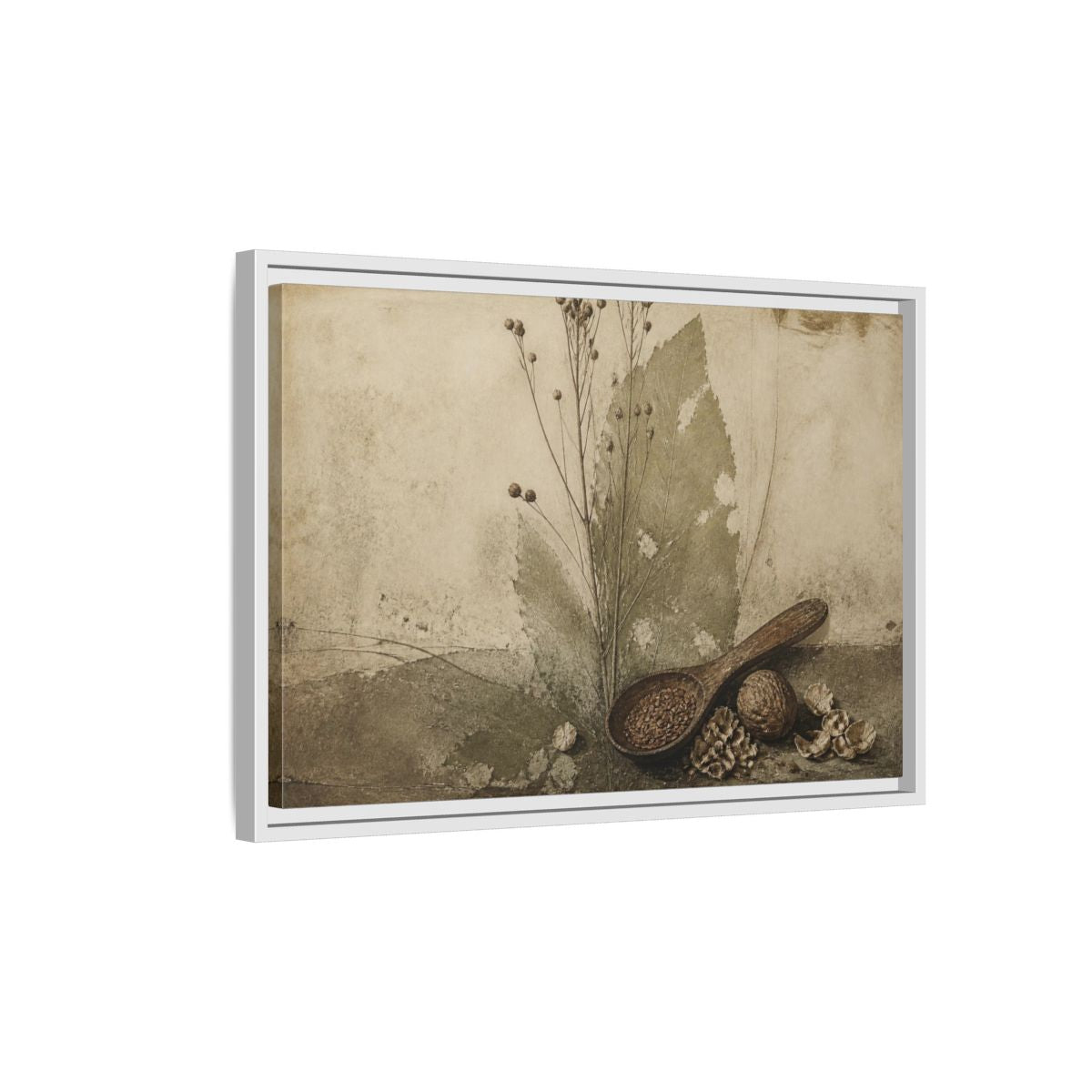 Side Mockup 1. Wabi Sabi Wooden Spoon shown as framed canvas print