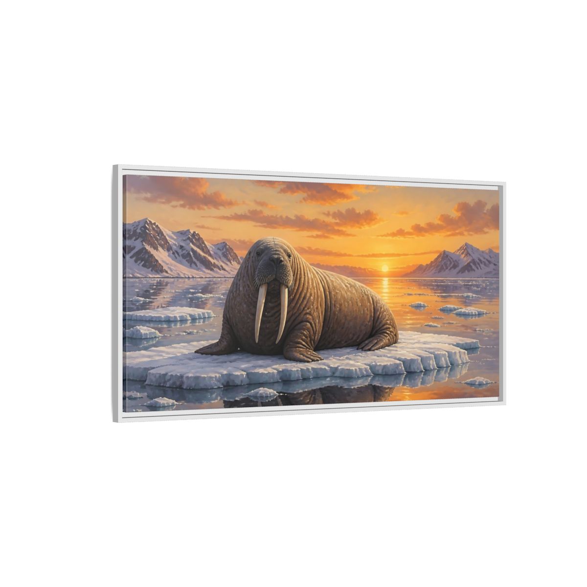 Side Mockup 3. Walrus At Sunset shown as framed canvas print