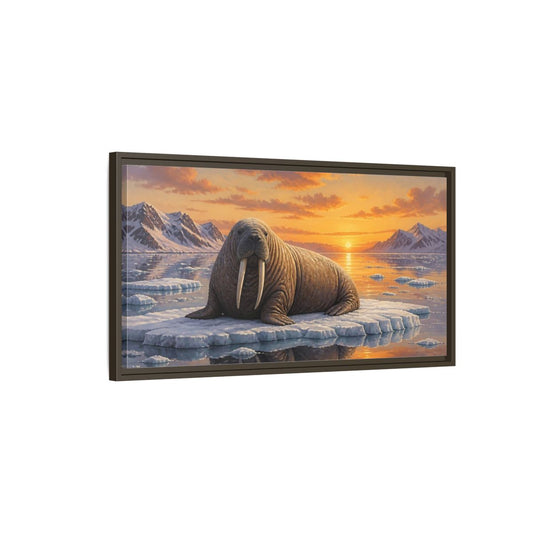Main Mockup. Walrus At Sunset shown as framed canvas print