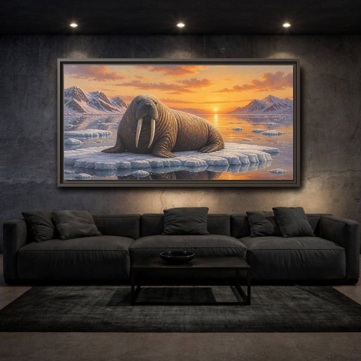 Mockup 3. Walrus At Sunset shown as framed canvas print