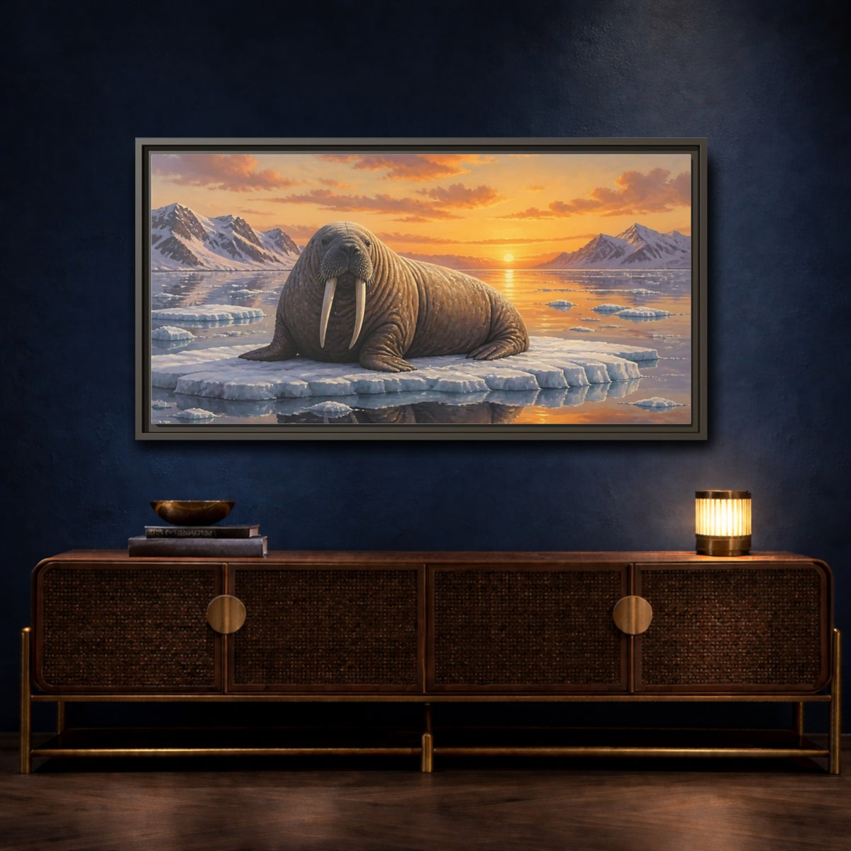 Mockup 4. Walrus At Sunset shown as framed canvas print