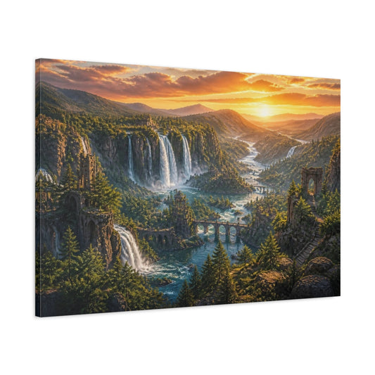 Main Mockup. Waterfall Landscape At Sunset shown as canvas print