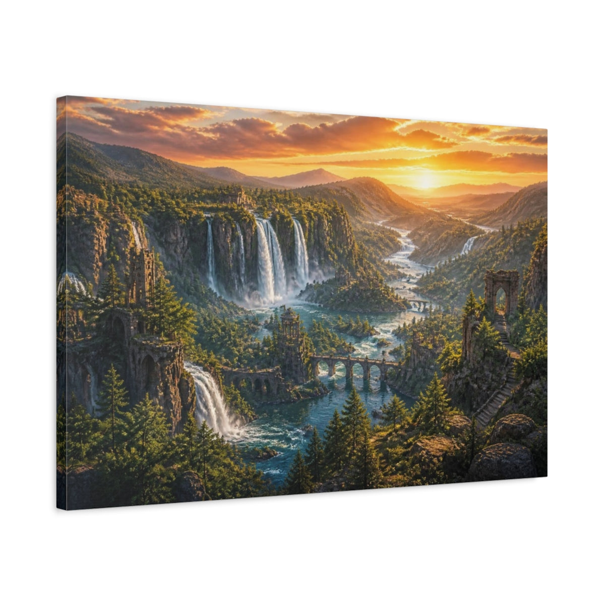 Side Mockup 2. Waterfall Landscape At Sunset shown as canvas print