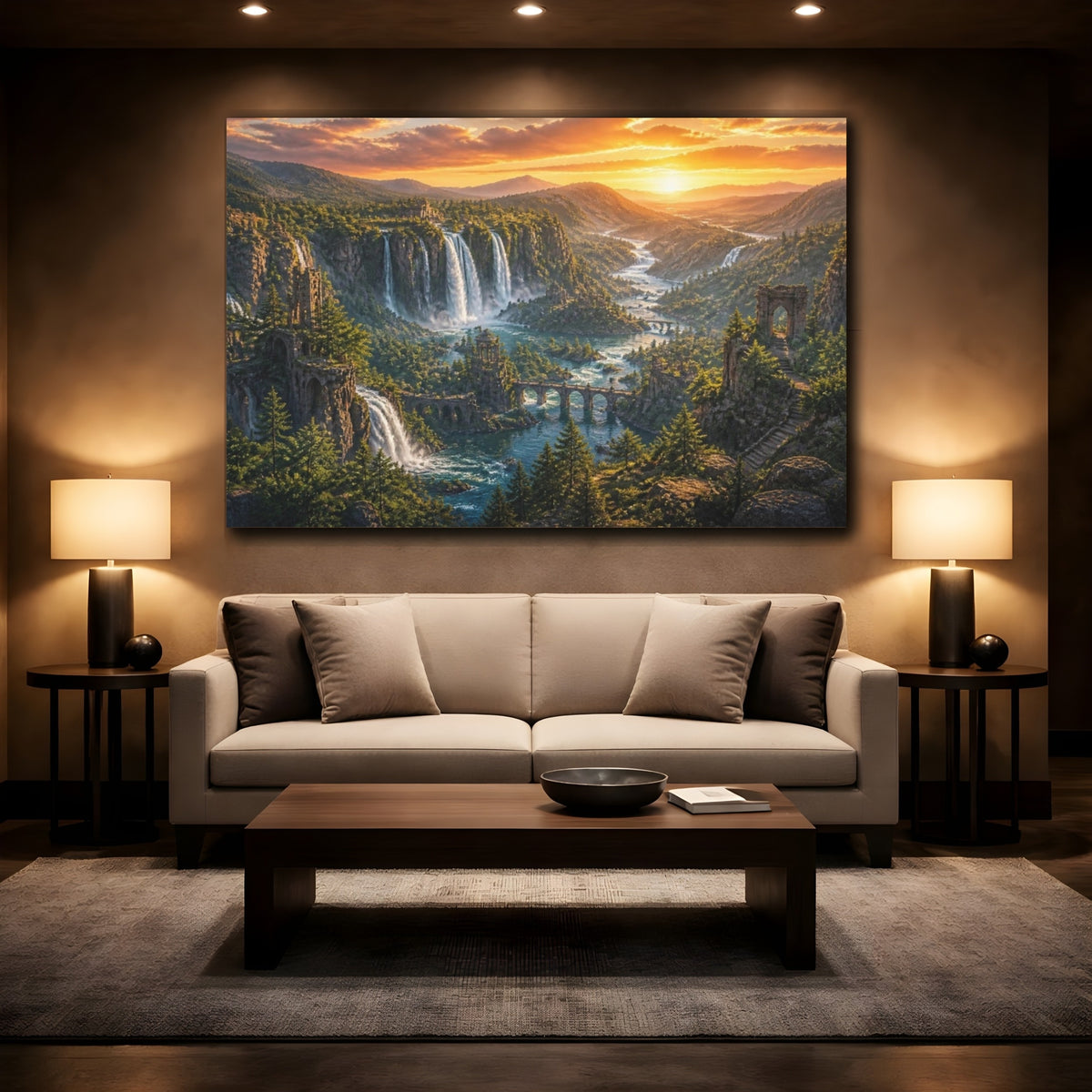 Mockup 2. Waterfall Landscape At Sunset shown as canvas print
