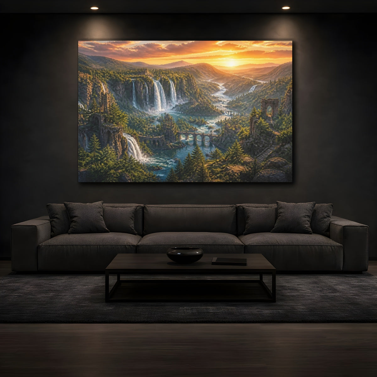 Mockup 3. Waterfall Landscape At Sunset shown as canvas print