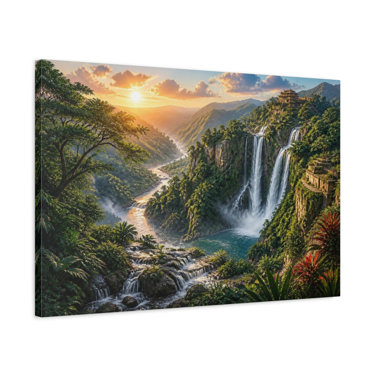Side Mockup 2. Waterfall Landscape Sunrise shown as canvas print