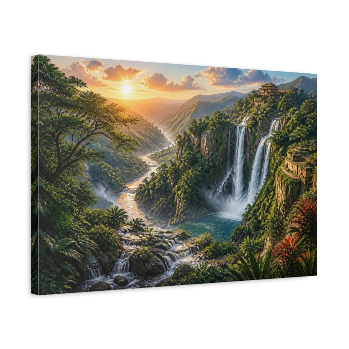 Side Mockup 3. Waterfall Landscape Sunrise shown as canvas print