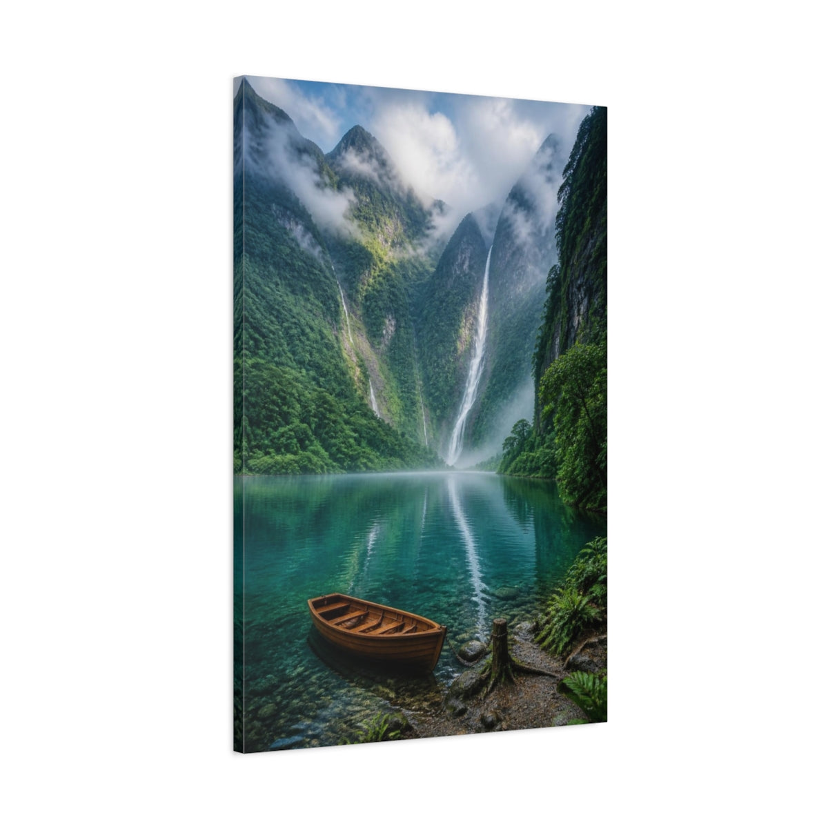 Main Mockup. Waterfall Landscape With Boat shown as canvas print