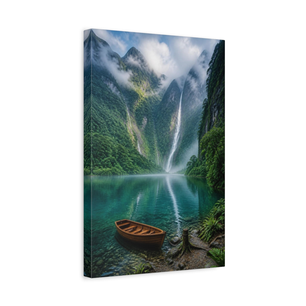 Side Mockup 4. Waterfall Landscape With Boat shown as canvas print