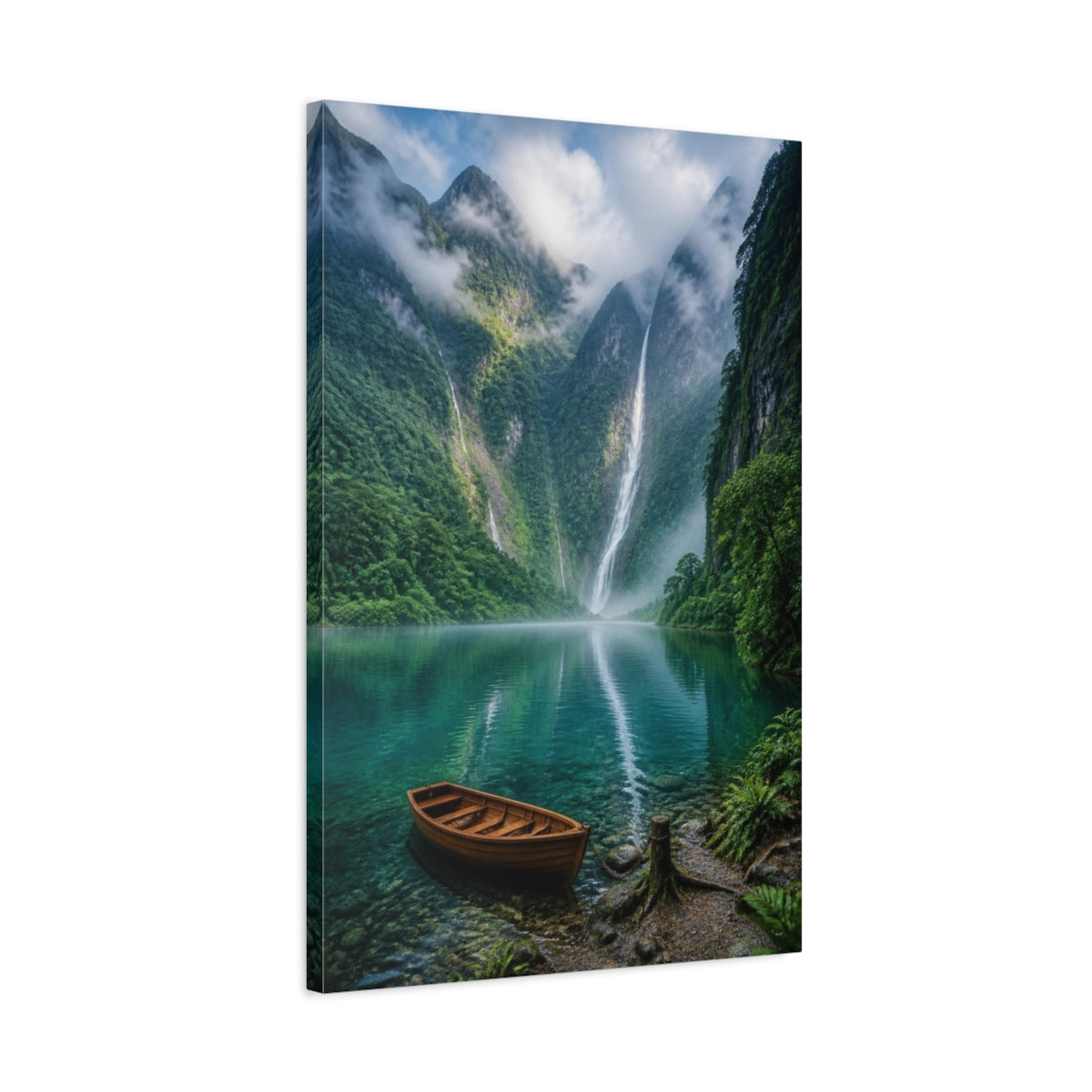 Side Mockup 2. Waterfall Landscape With Boat shown as canvas print
