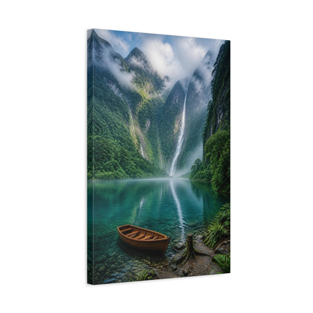 Side Mockup 3. Waterfall Landscape With Boat shown as canvas print