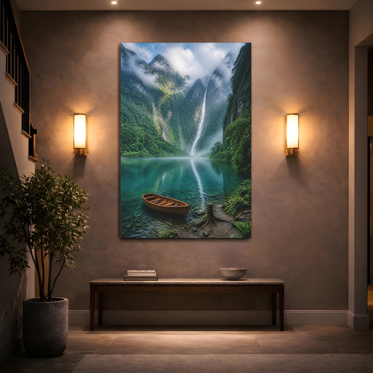 Mockup 2. Waterfall Landscape With Boat shown as canvas print