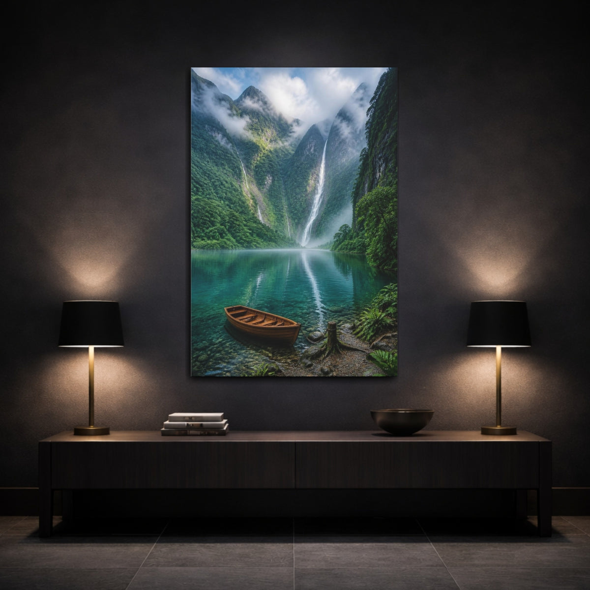 Mockup 3. Waterfall Landscape With Boat shown as canvas print