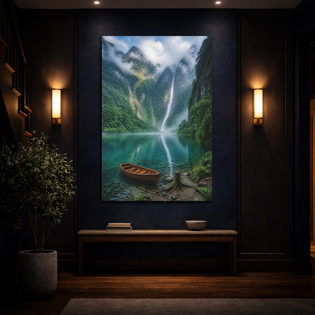 Mockup 4. Waterfall Landscape With Boat shown as canvas print