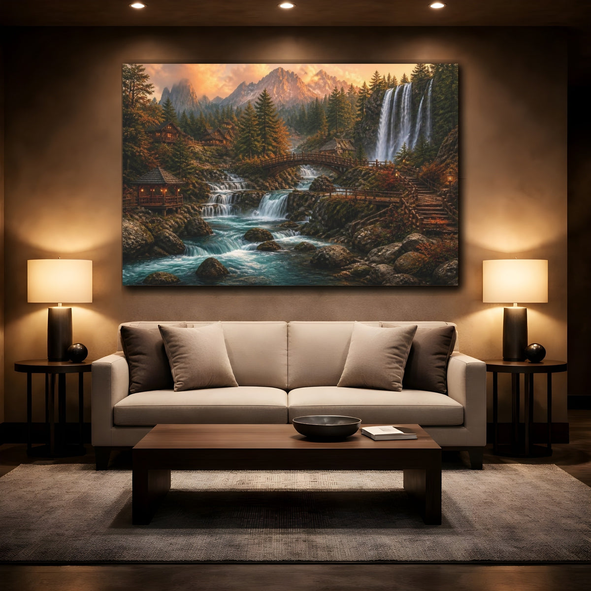 Mockup 2. Waterfall Mountain Landscape shown as canvas print