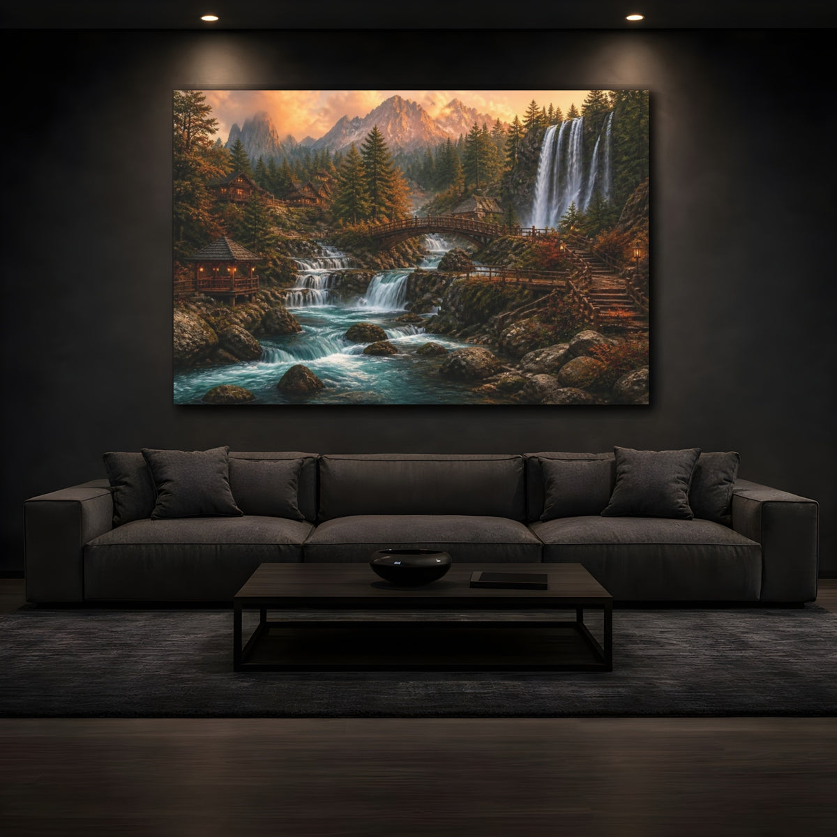 Mockup 3. Waterfall Mountain Landscape shown as canvas print