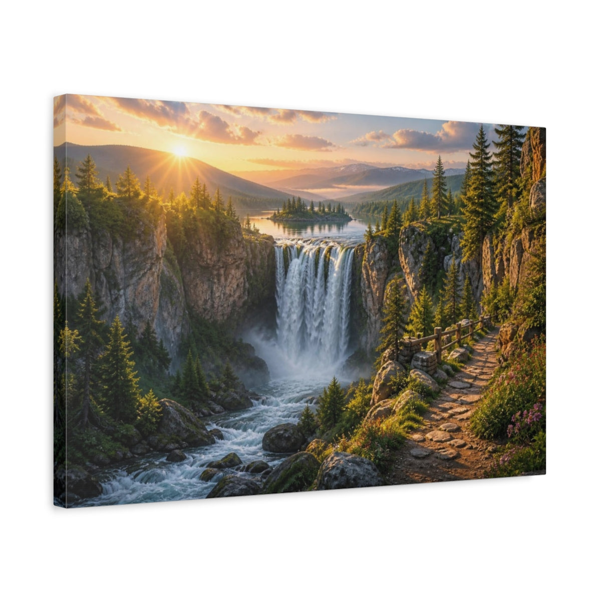 Side Mockup 3. Waterfall Sunrise Landscape shown as canvas print