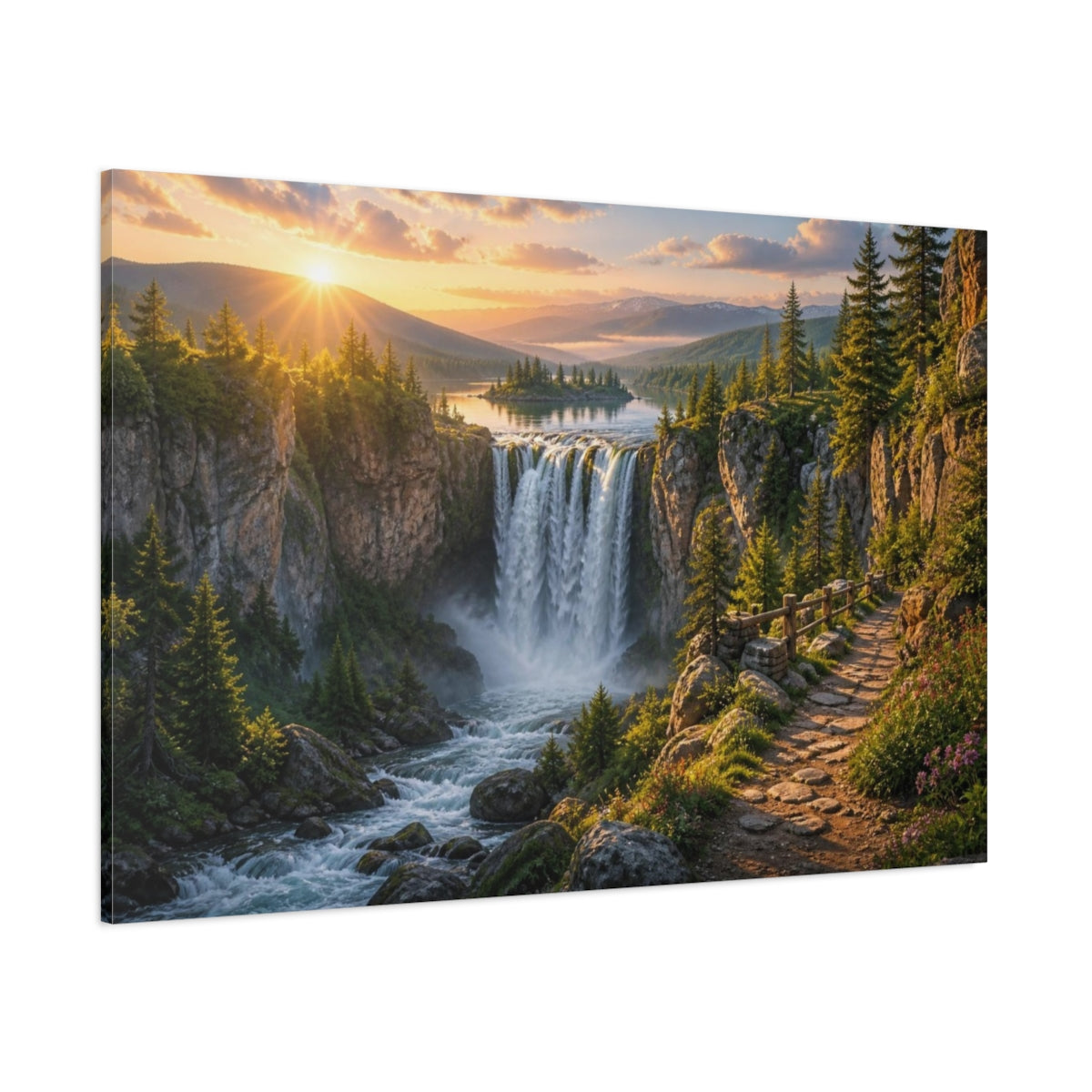 Side Mockup 1. Waterfall Sunrise Landscape shown as canvas print