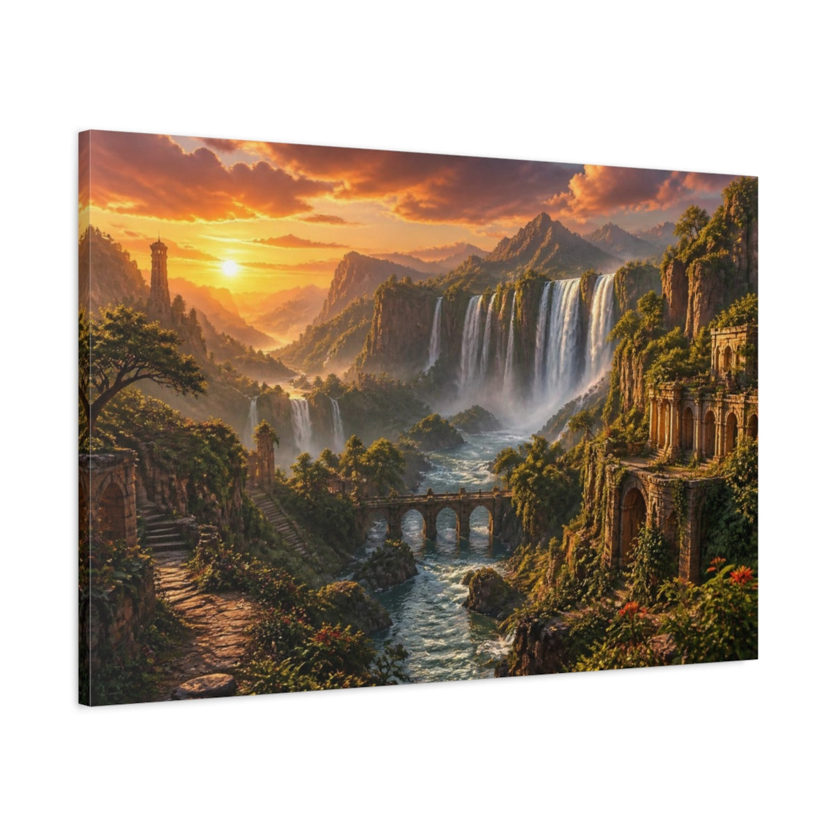 Main Mockup. Waterfalls Landscape At Sunset shown as canvas print