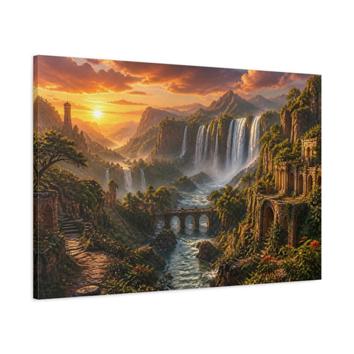 Main Mockup. Waterfalls Landscape At Sunset shown as canvas print