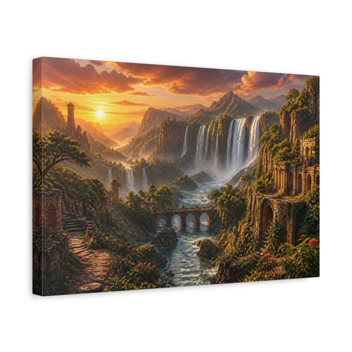 Side Mockup 4. Waterfalls Landscape At Sunset shown as canvas print