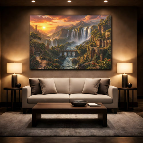 Mockup 2. Waterfalls Landscape At Sunset shown as canvas print