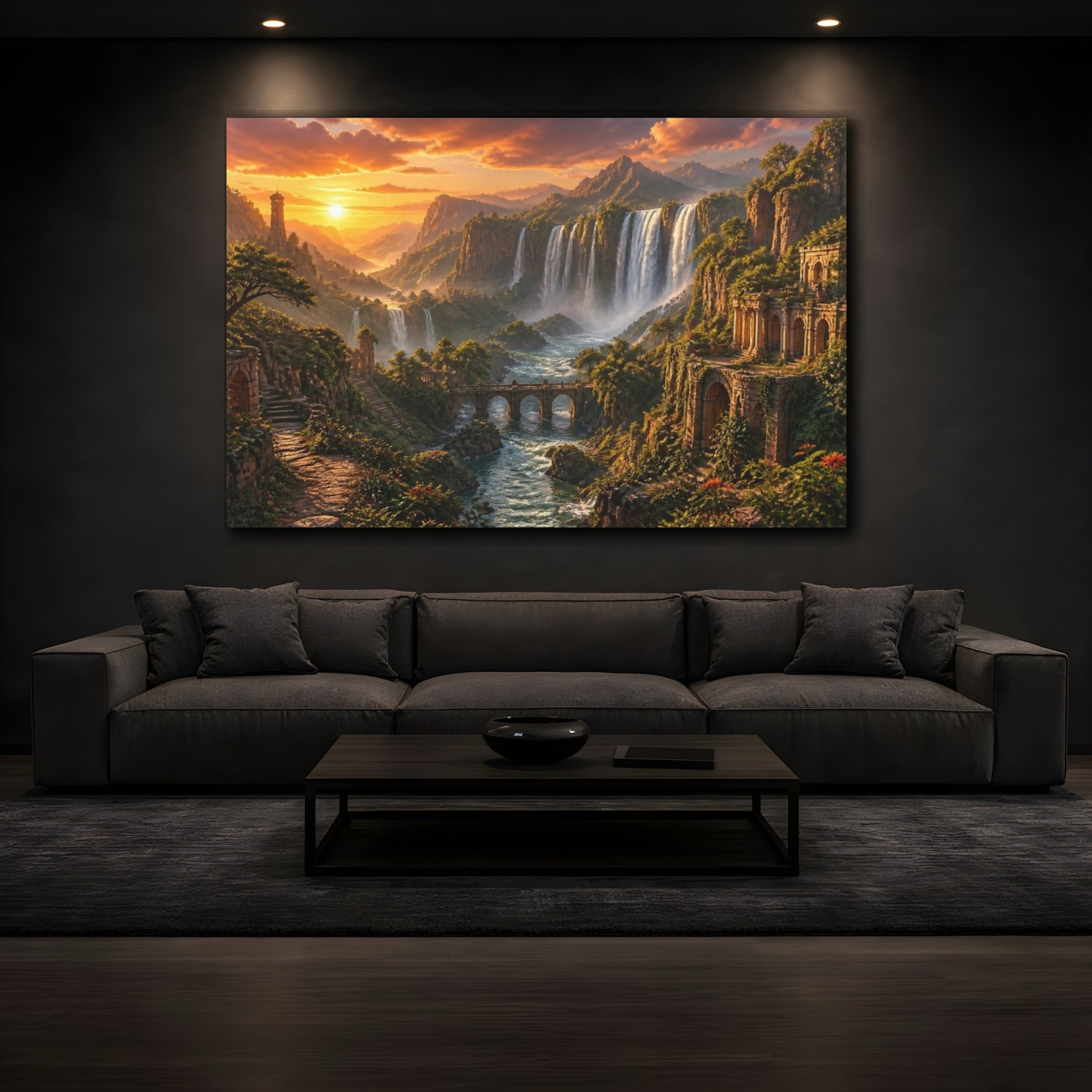 Mockup 3. Waterfalls Landscape At Sunset shown as canvas print