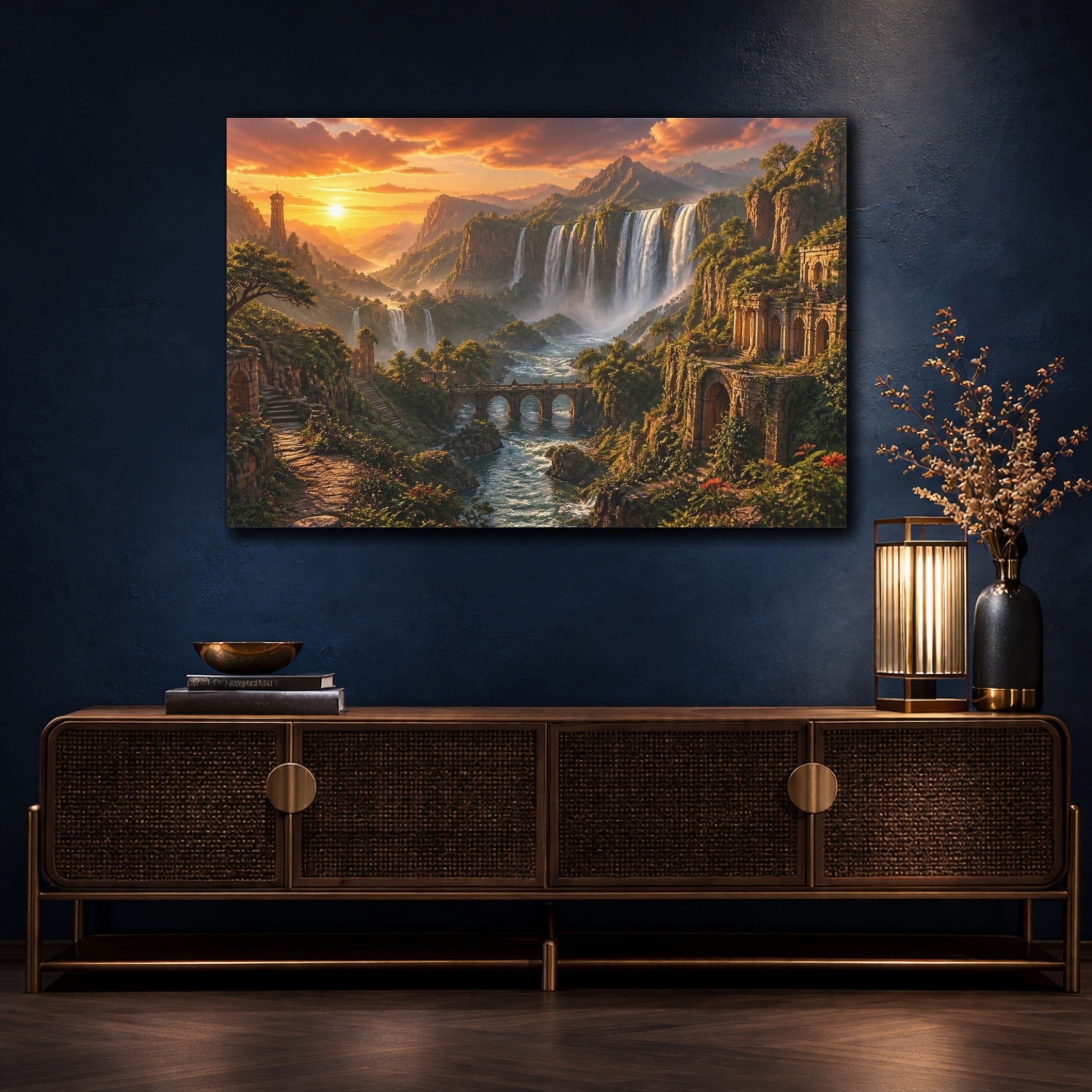 Mockup 4. Waterfalls Landscape At Sunset shown as canvas print