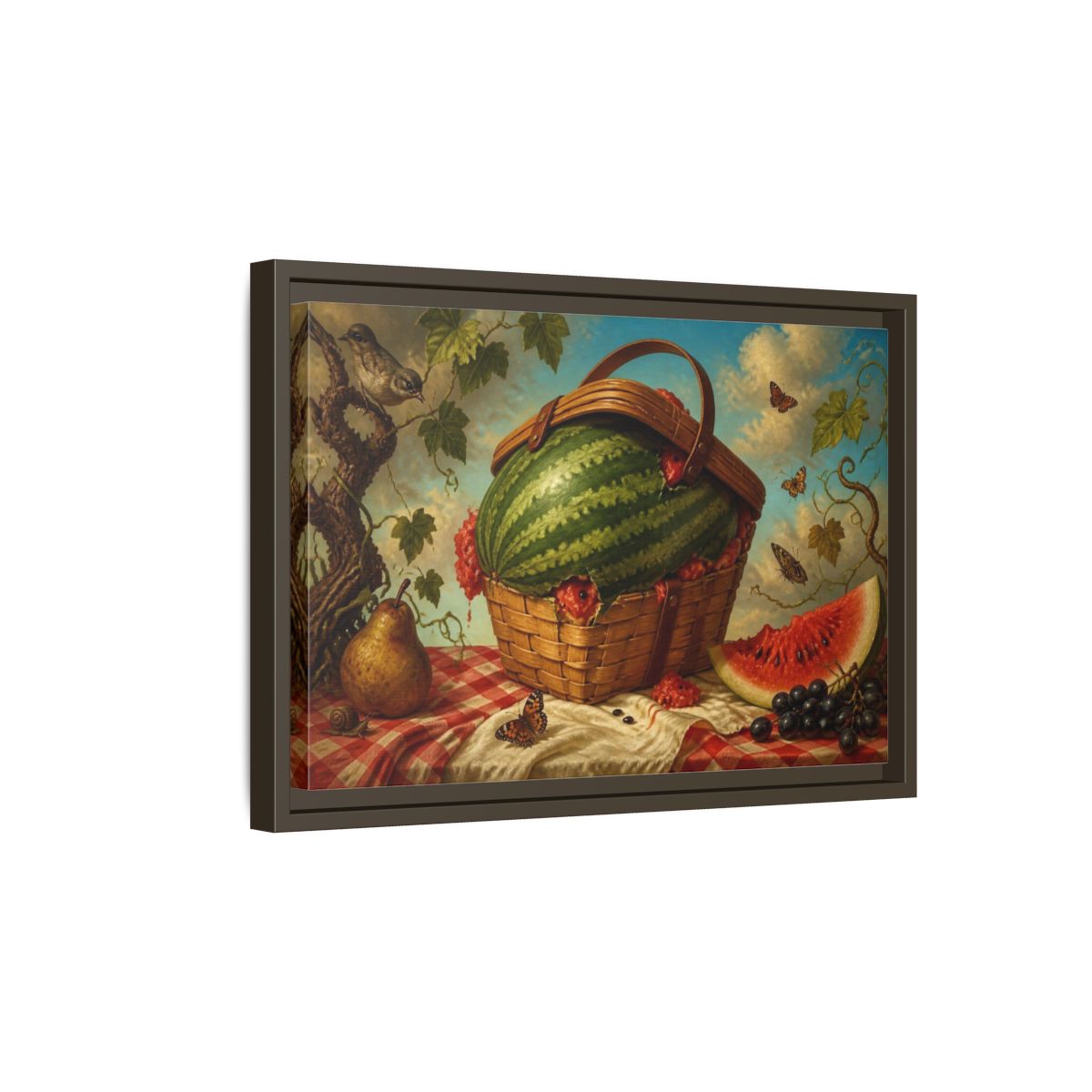 Side Mockup 5. Watermelon In Wicker Basket shown as framed canvas print