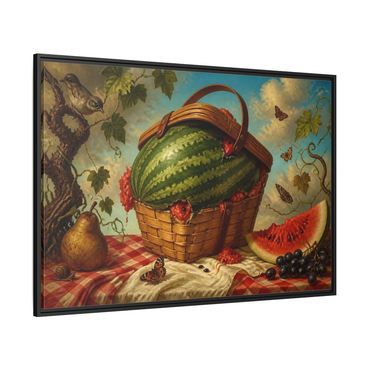 Side Mockup 12. Watermelon In Wicker Basket shown as framed canvas print