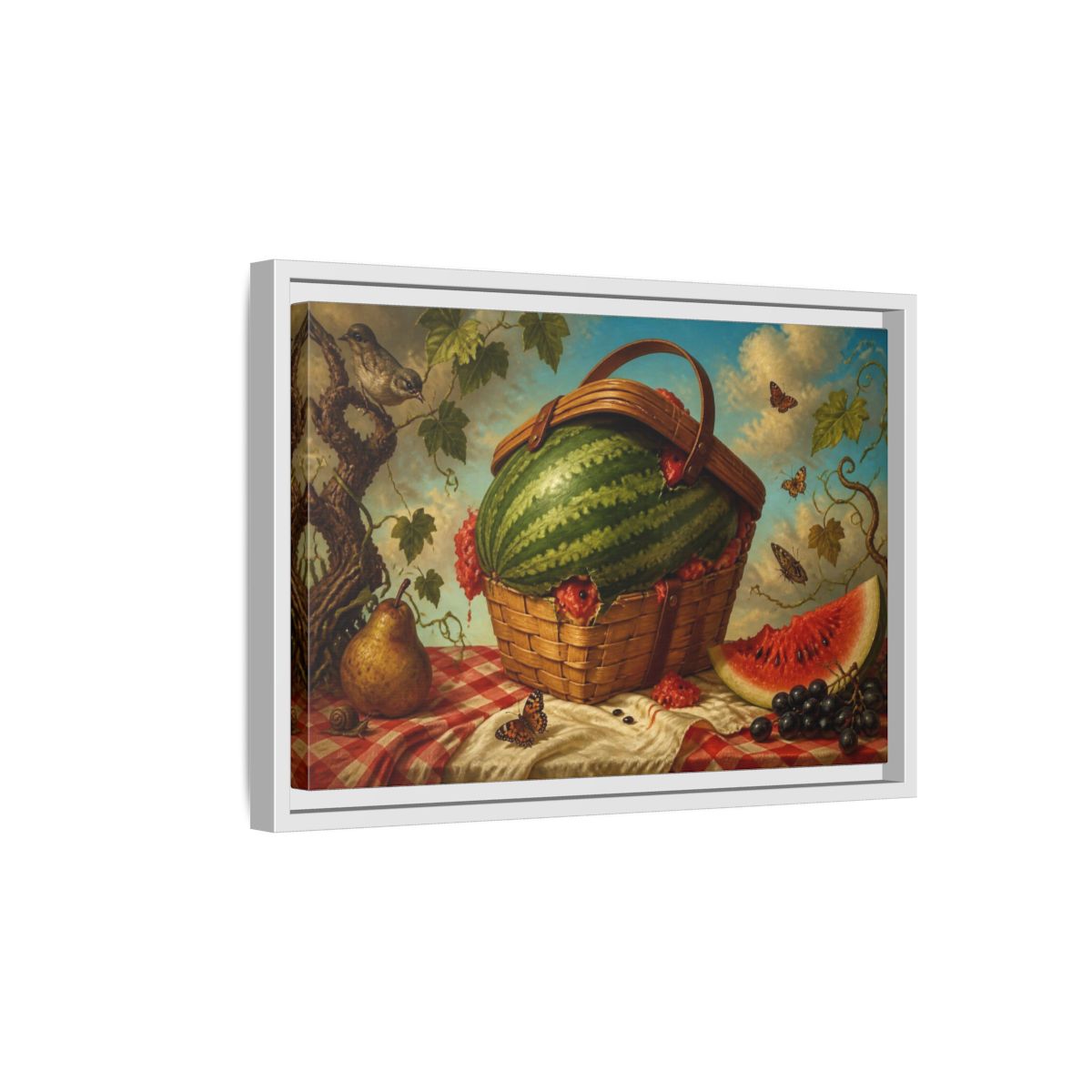 Side Mockup 4. Watermelon In Wicker Basket shown as framed canvas print