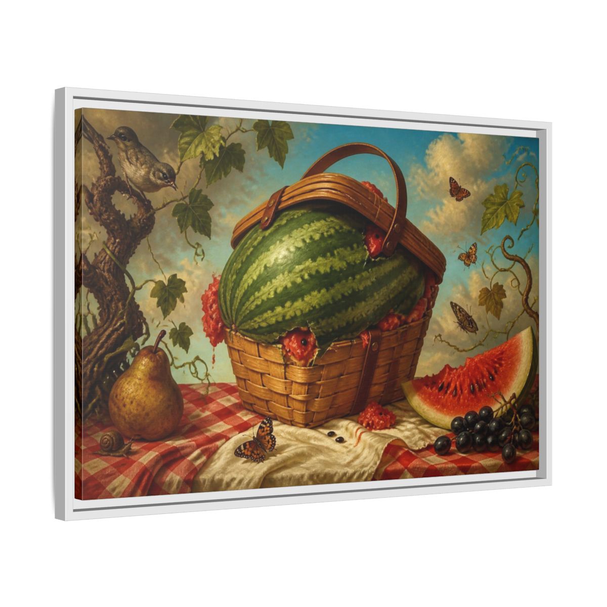 Side Mockup 10. Watermelon In Wicker Basket shown as framed canvas print