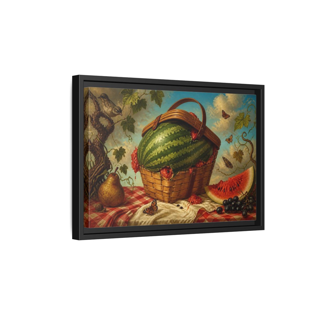 Side Mockup 6. Watermelon In Wicker Basket shown as framed canvas print
