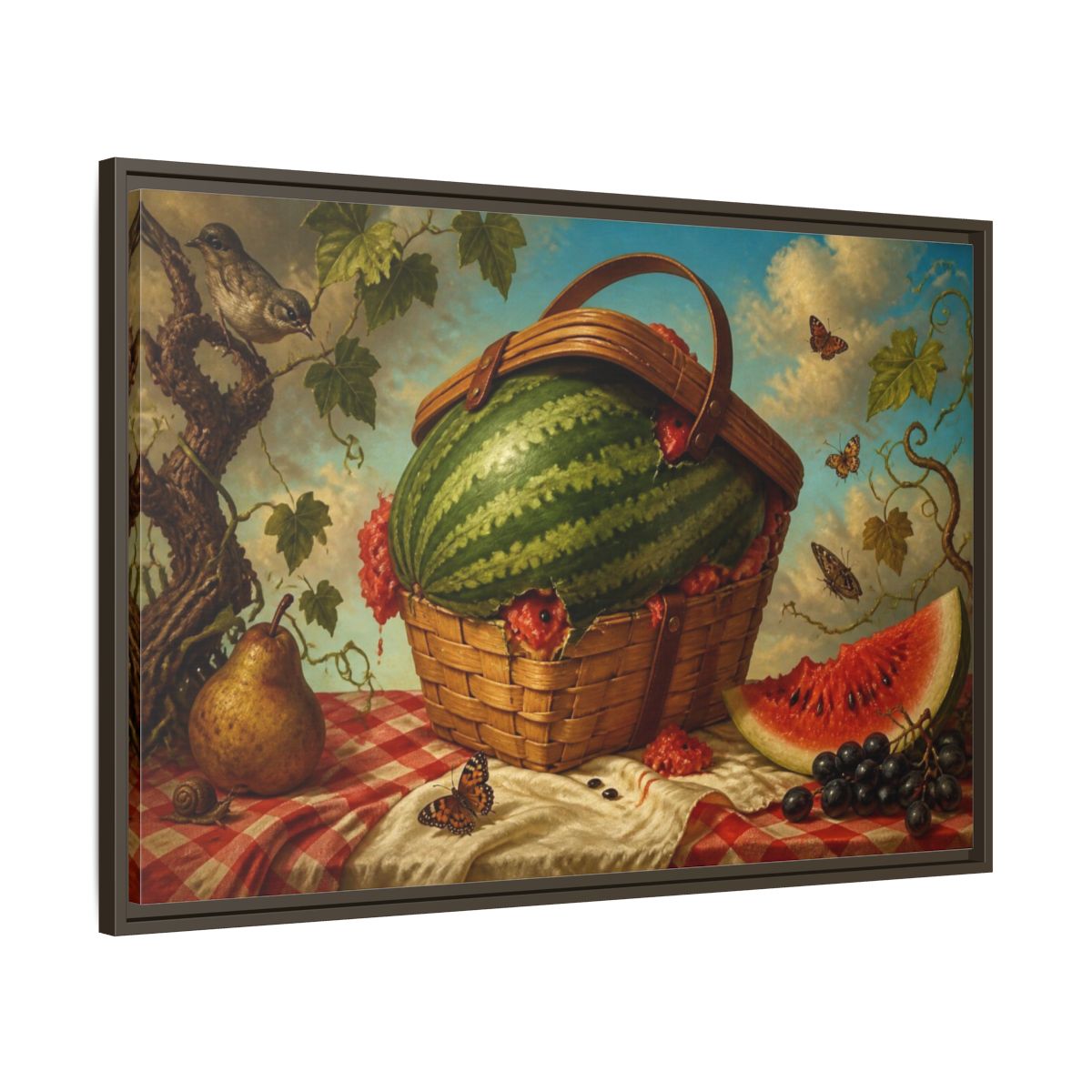 Main Mockup. Watermelon In Wicker Basket shown as framed canvas print