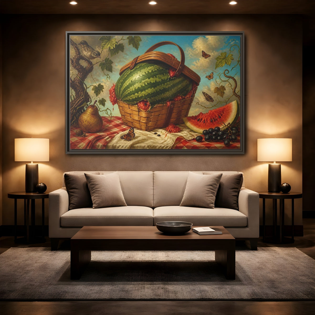 Mockup 2. Watermelon In Wicker Basket shown as framed canvas print