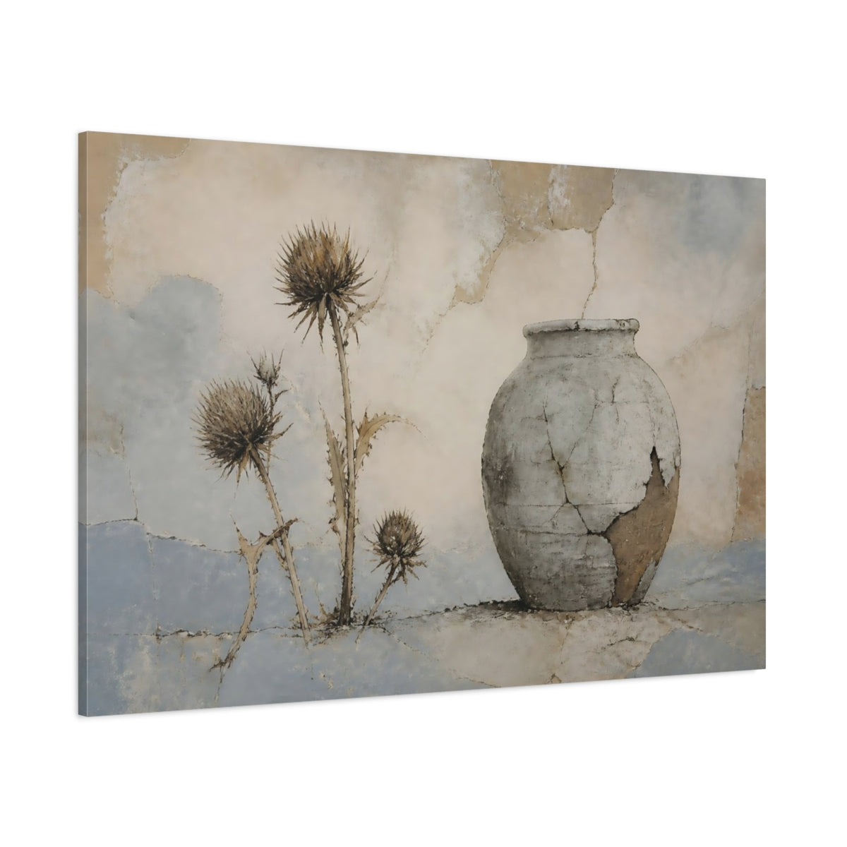 Side Mockup 1. Weathered Clay Urn shown as canvas print