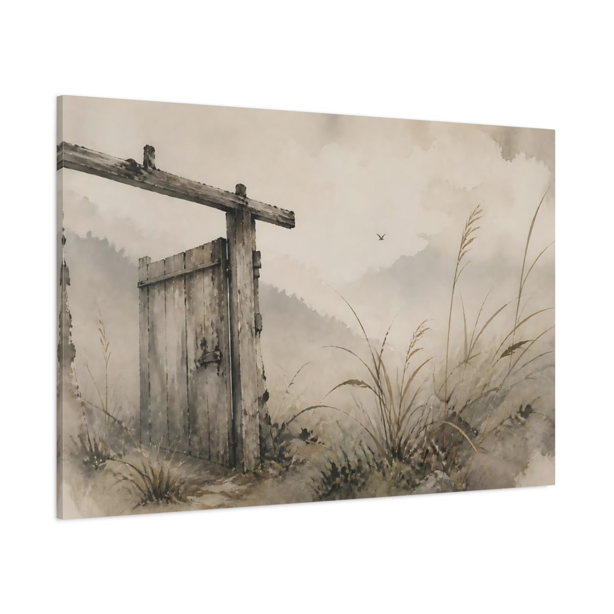 Side Mockup 1. Weathered Wooden Gate shown as canvas print