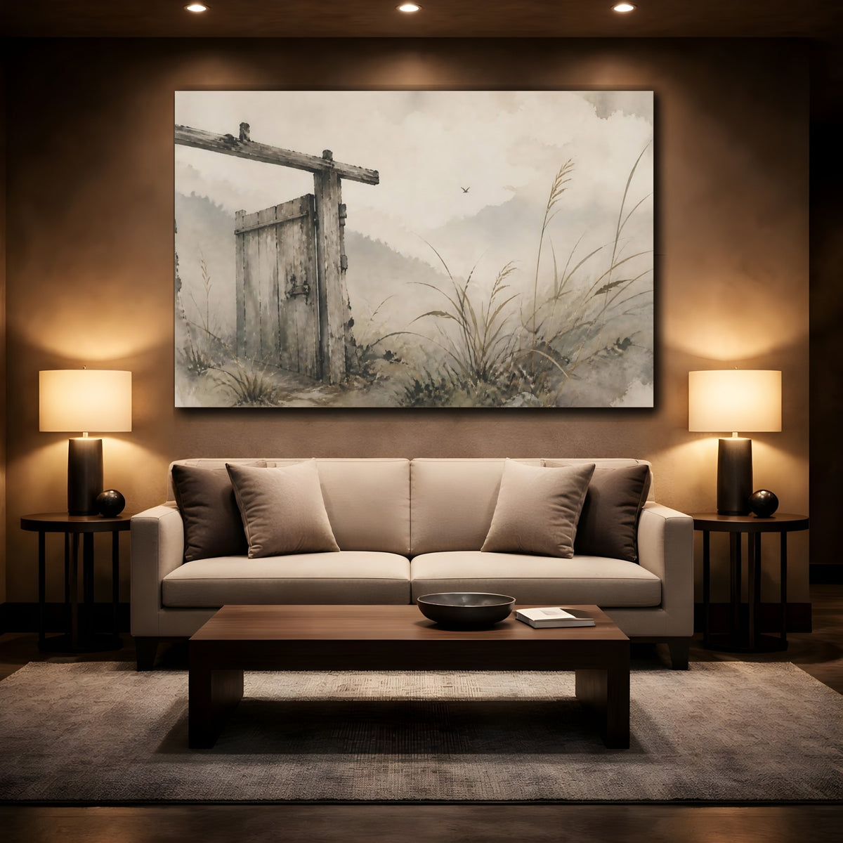 Mockup 2. Weathered Wooden Gate shown as canvas print